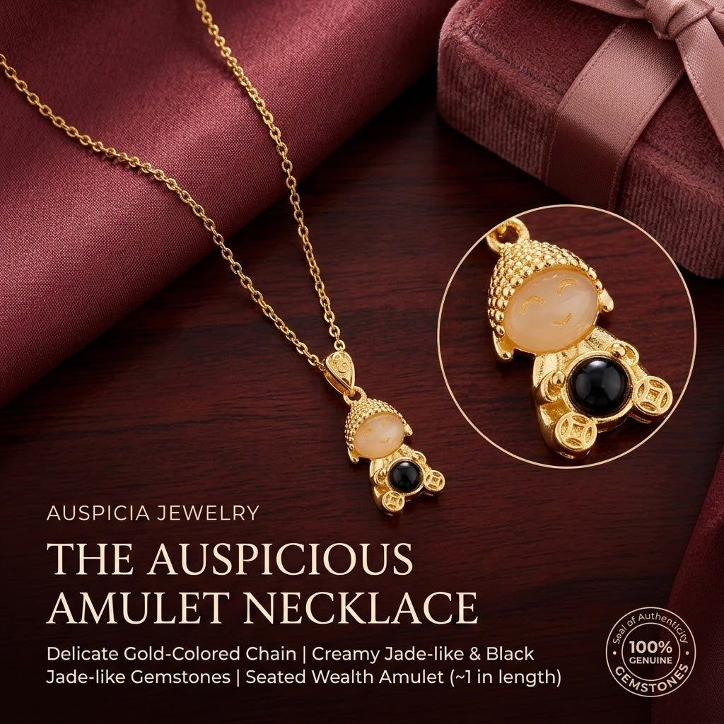 Gold doll pendant necklace with cream face, black bead, and charm bail links