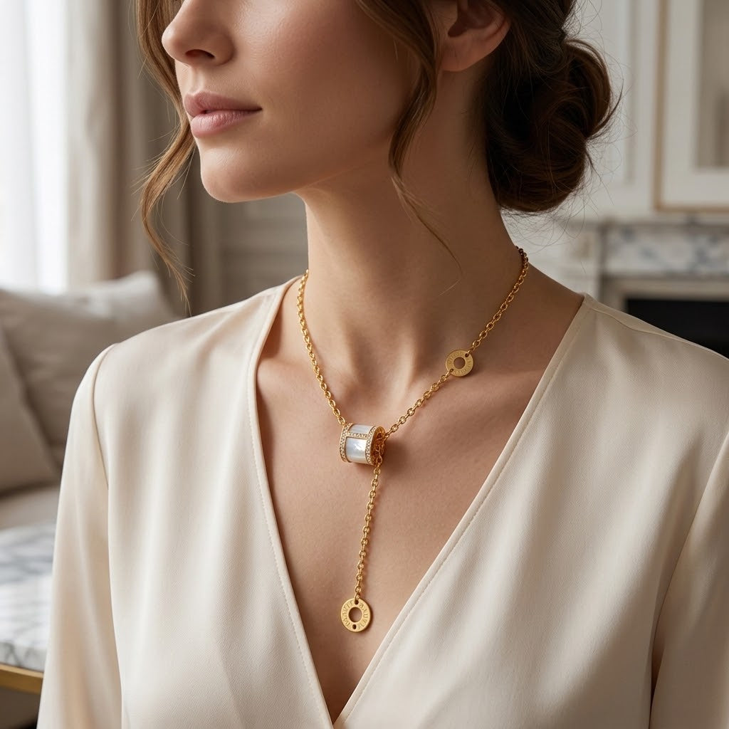Gold-tone triple ring crystal charm necklace with crystal ring centerpiece and disc charms