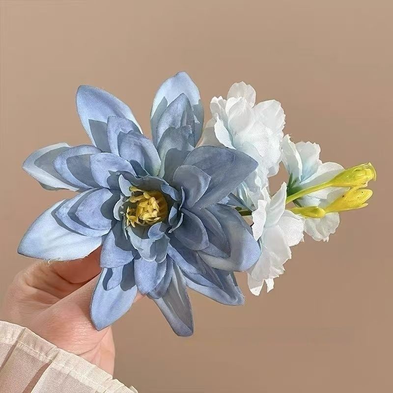 Handmade Floral Duckbill Hair Barrette with Light Blue Petals, Large 11cm Tropical Hair Accessory for Weddings & Vacation
