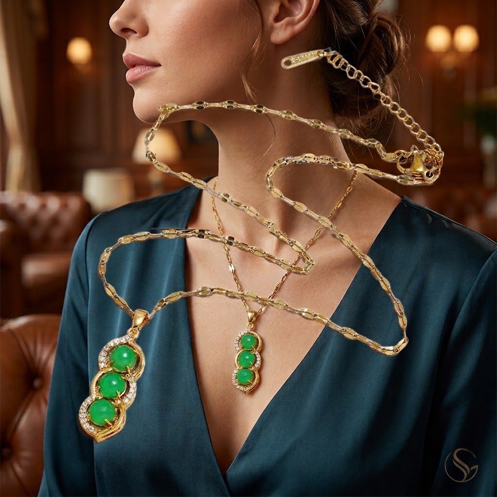 Gold-tone layered chain pendant necklace with three green bead charms on model
