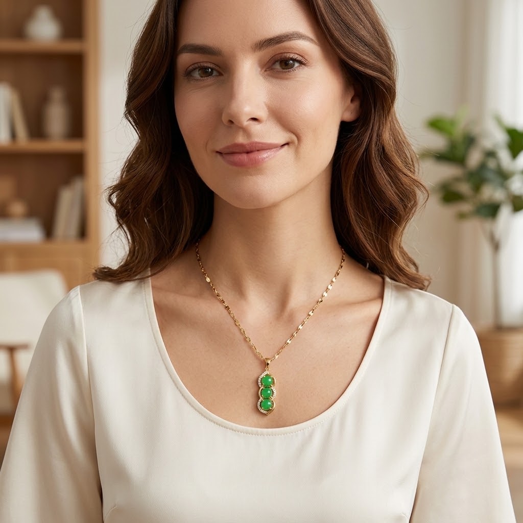 Gold-tone pendant necklace with three green bead charms on chain, on model