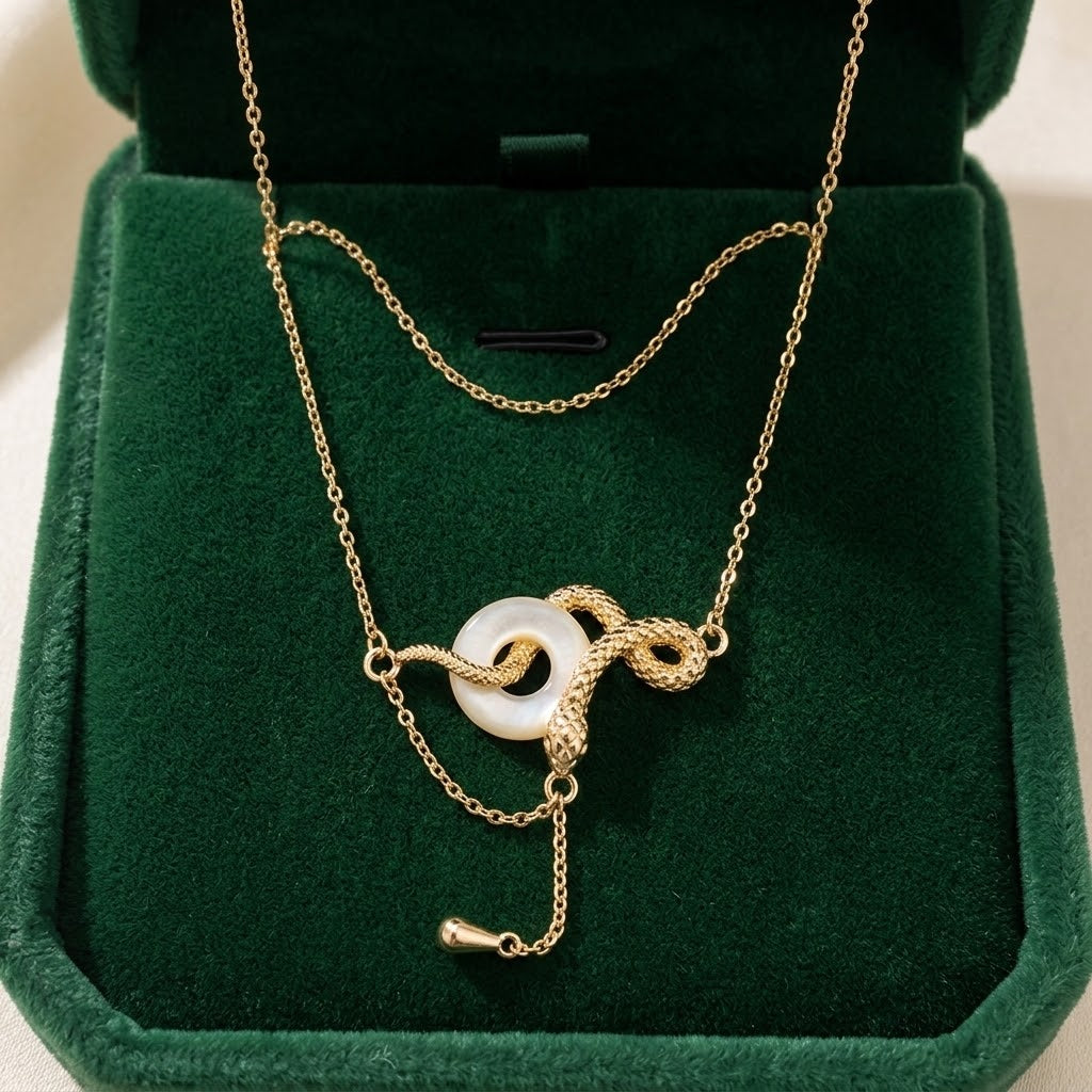 Gold-tone snake ring pendant necklace with white oval centerpiece and dangling charm