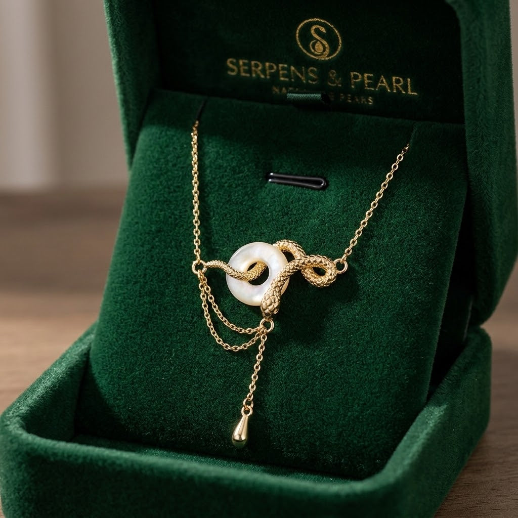 Gold-tone snake pendant necklace featuring a white ring centerpiece and small teardrop