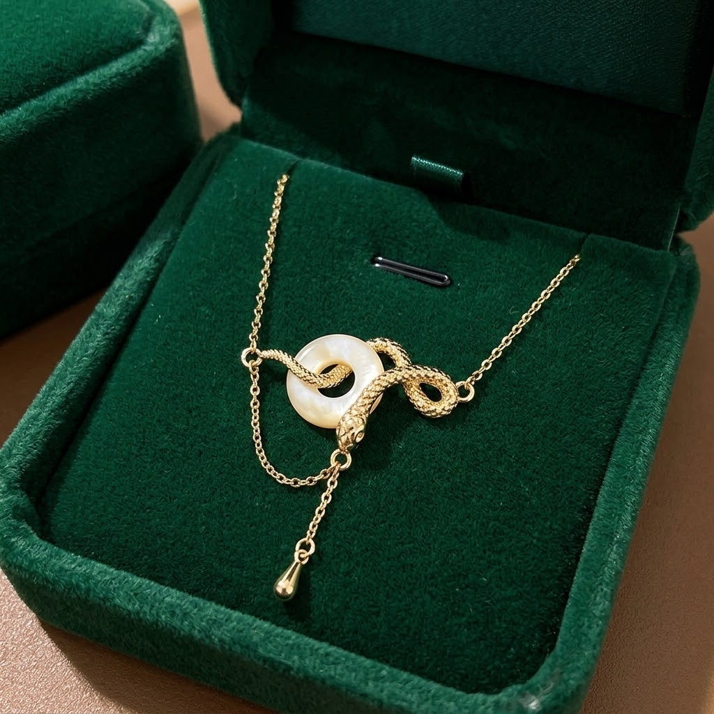 Gold-tone snake through-ring pendant necklace with white oval center and dangling drop