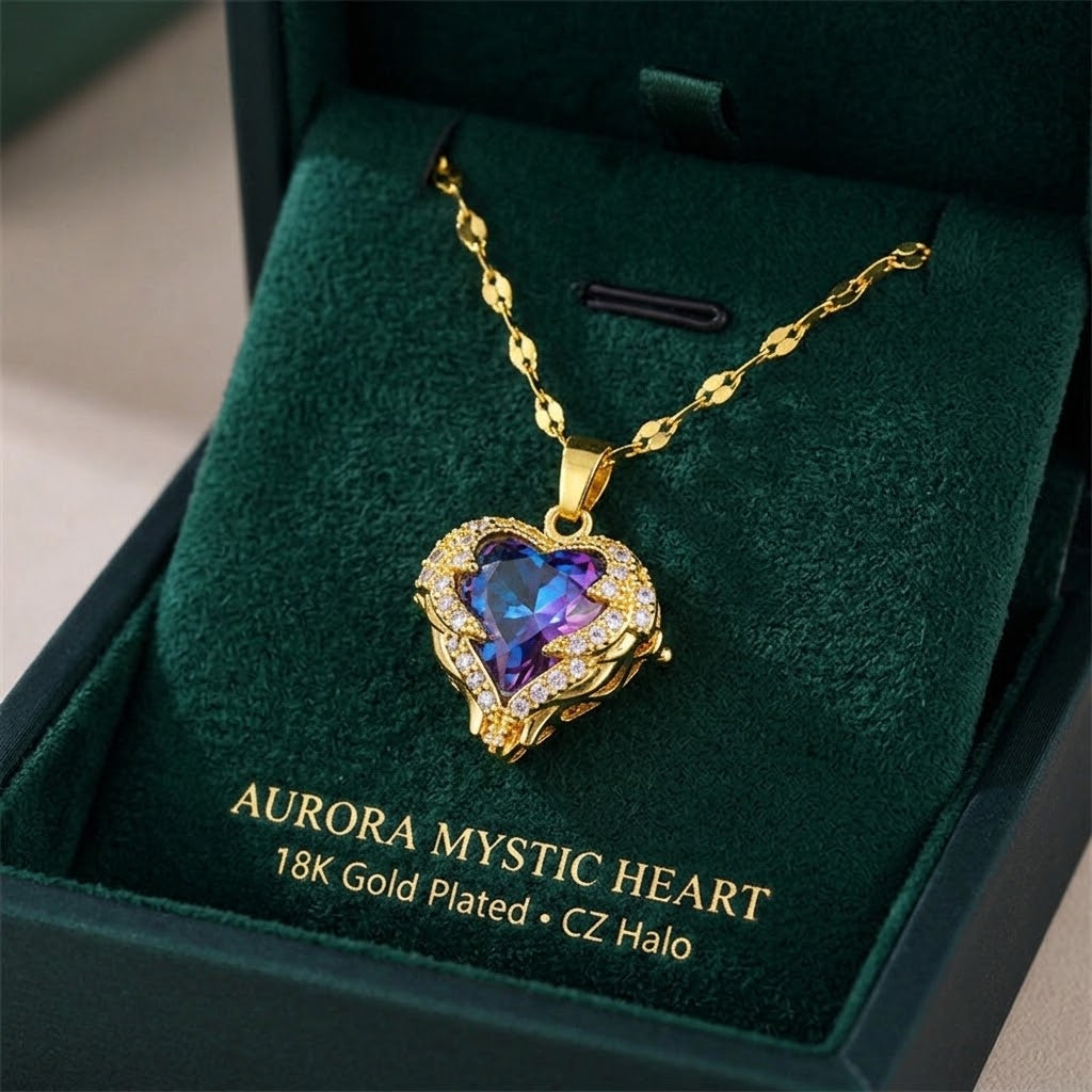 Gold heart gemstone halo necklace with faceted purple center and glittering accents