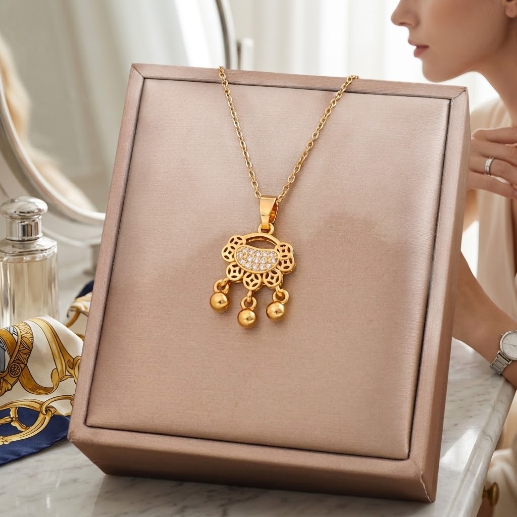 Gold-tone coin lock charm necklace with floral filigree pendant and bead tassels