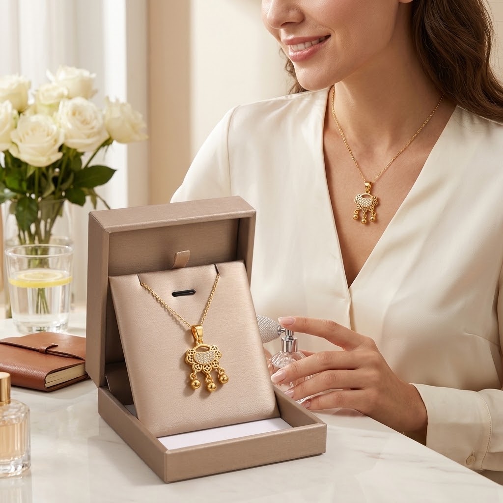 Gold-tone coin lock charm necklace with floral pendant and three dangling bead tassels