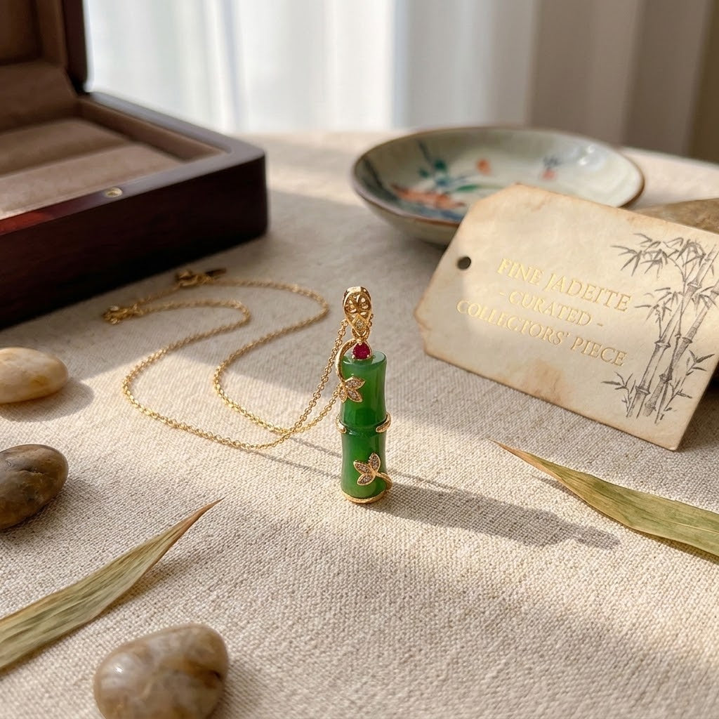 Gold necklace with green segmented pendant and heart stones on textured fabric