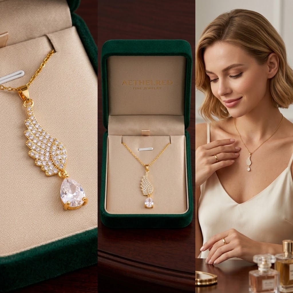 Gold wing teardrop charm necklace with crystal pendant, shown in box and worn