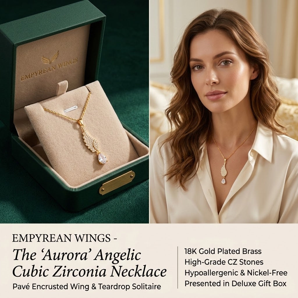Wing teardrop charm necklace in gold tone, shown in gift box and worn