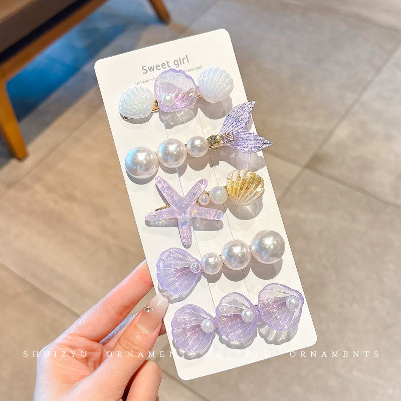 Blue Mermaid Hair Clips Set of 5 – Seashell, Starfish & Mermaid Tail Hair Accessories for Girls & Women, Cute Ocean-Themed Summer Hair Clips