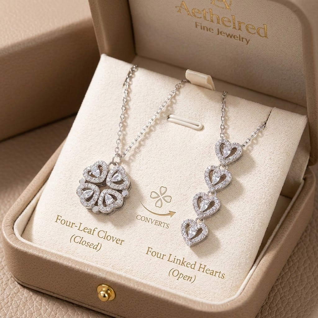 Silver-tone heart pendant necklace set with four-leaf clover and heart charms