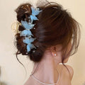 Handmade Blue Butterfly Hair Claw Clip for Women – Large Floral Butterfly Hair Clip with Pearl Beads, Elegant Romantic Hair Accessory for Updos
