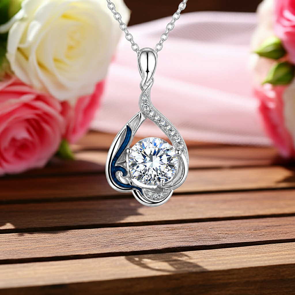 Teardrop diamond pendant necklace in silver with round center stone and blue enamel