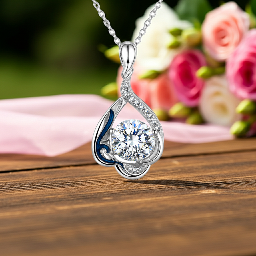 Silver teardrop diamond pendant necklace with blue enamel accent