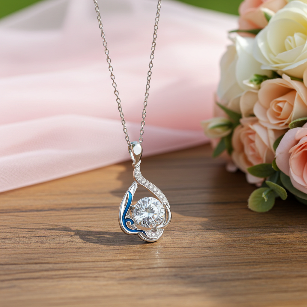 Diamond teardrop pendant necklace with blue enamel accent in silver
