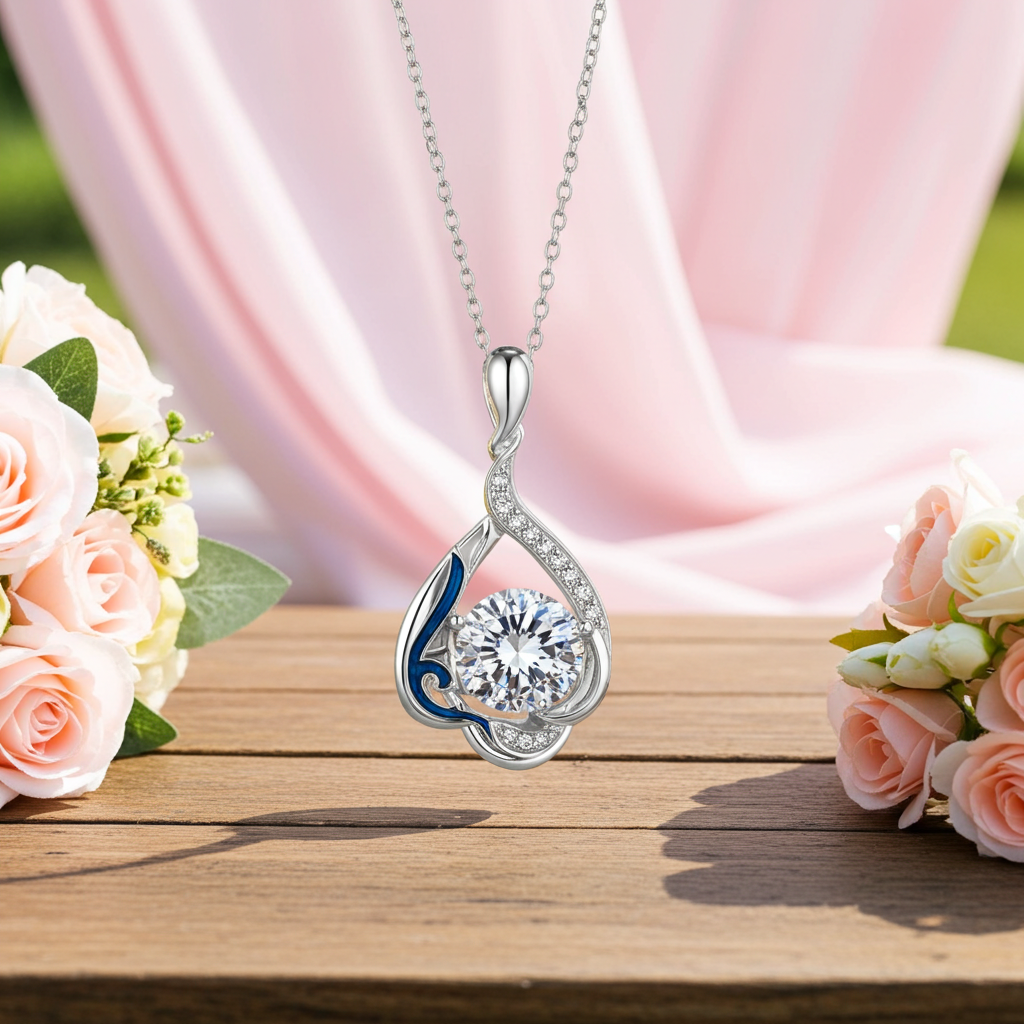 Silver teardrop diamond pendant necklace with blue enamel accent and long chain