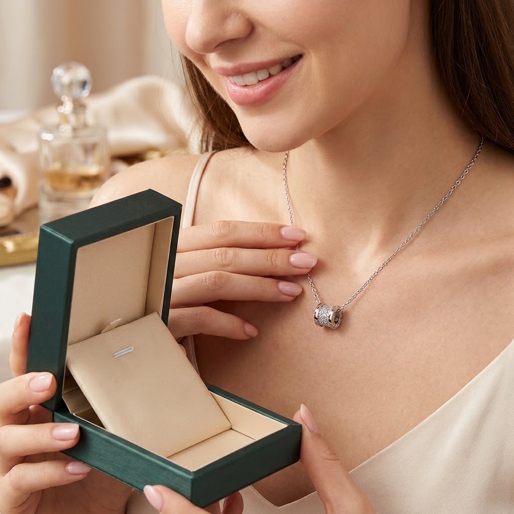Silver cylindrical pendant necklace worn on neckline with sparkling cylinder charm on chain.