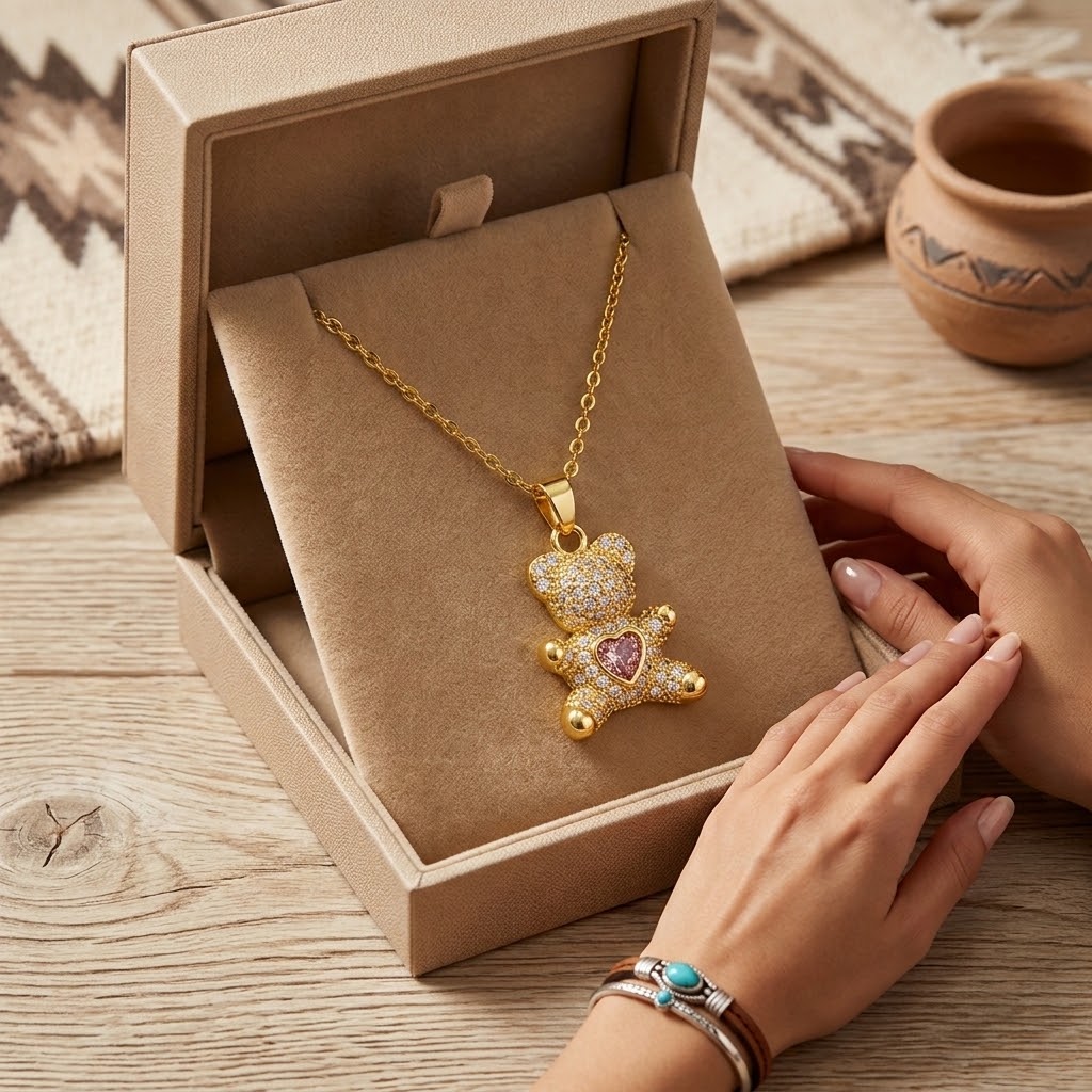 Gold-tone mini bear charm necklace with heart pendant, shown in gift box