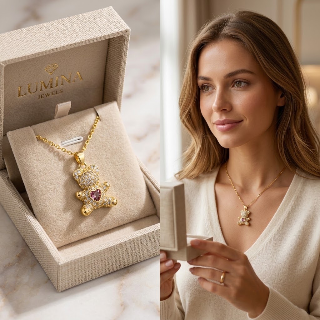 Gold-tone mini bear charm necklace worn by woman with heart gem pendant