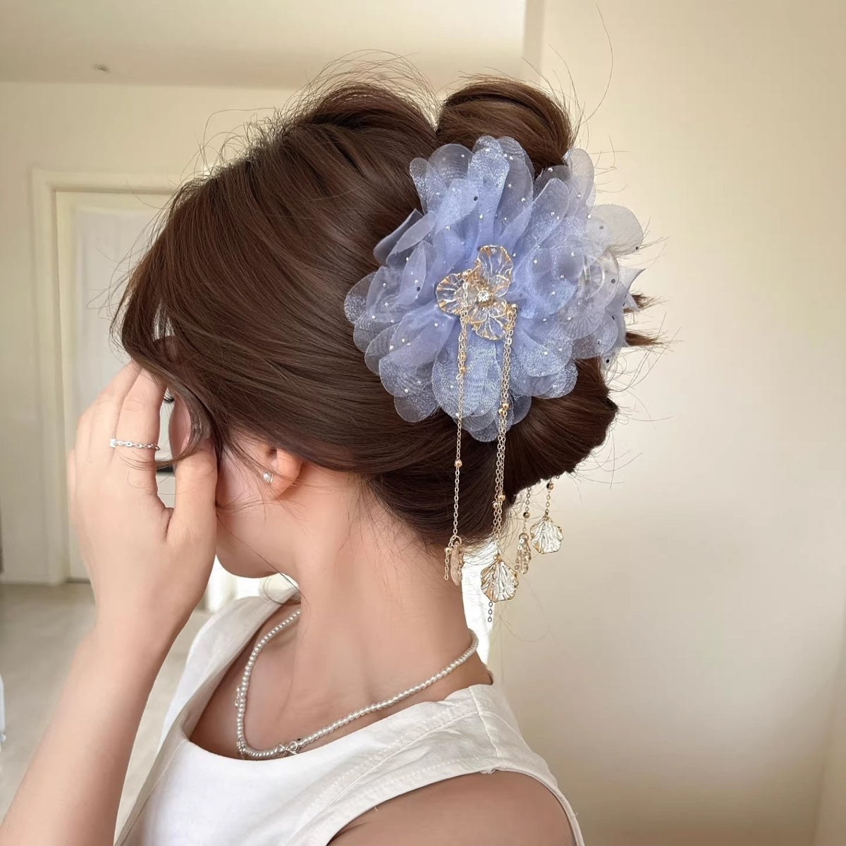 Champagne Flower Hair Barrette for Women – Handmade Large Floral Hair Clip with Pearl Details