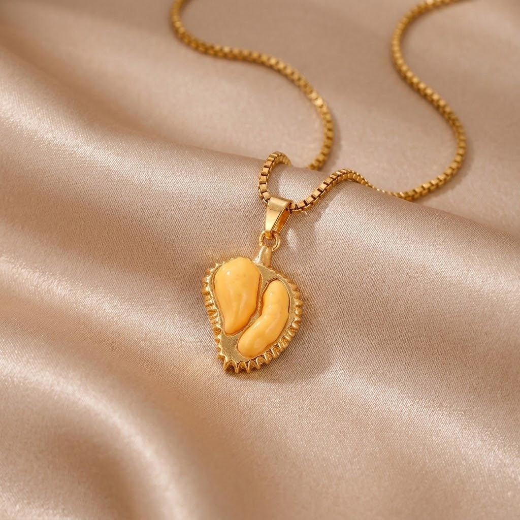 Gold-tone pendant necklace with open durian pod charm and lobster clasp