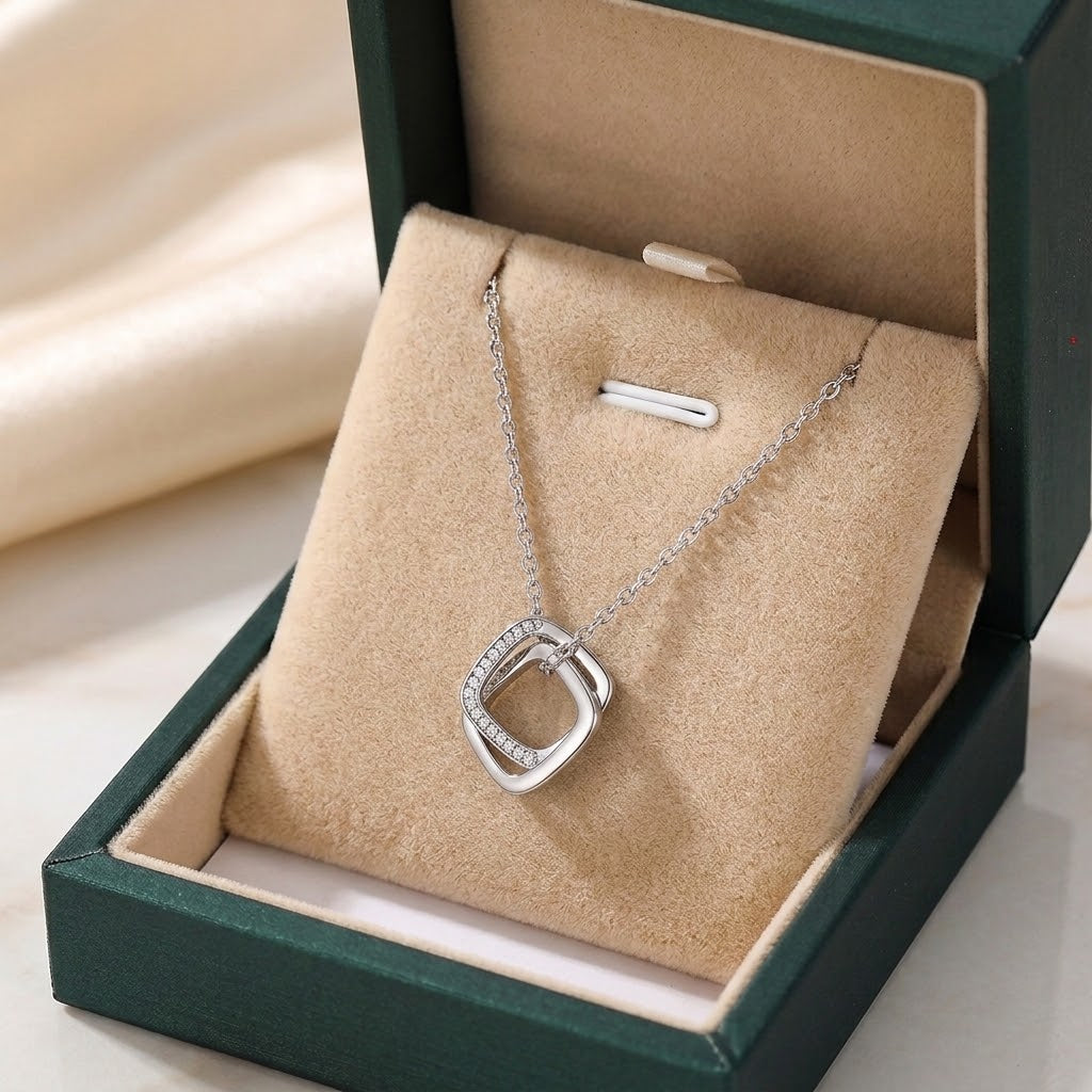 Silver double square charm necklace in a gift box
