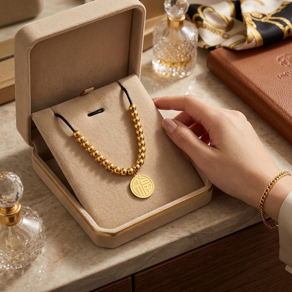 Gold beaded pendant necklace with black cord and round disc pendant in open box