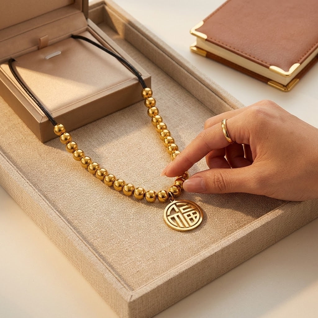 Gold beaded pendant necklace with black cord and round disc pendant, placed in tray