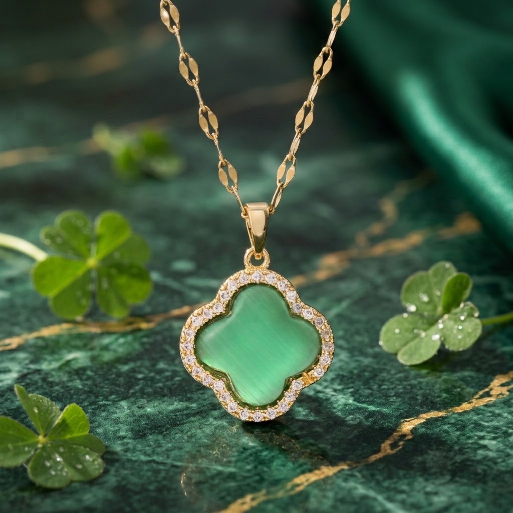 Gold clover pendant necklace with green enamel center and sparkling stone halo