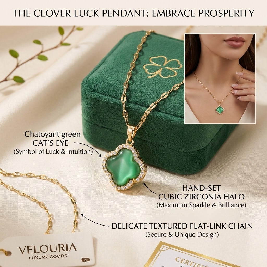 Clover pendant necklace with gold chain and green clover gemstone in halo