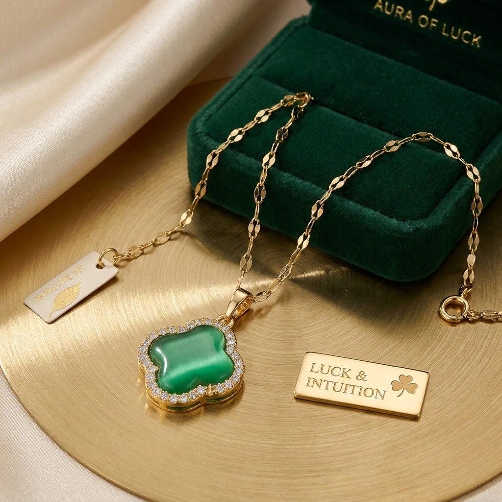 Gold clover pendant necklace with green enamel stone and bright halo detail