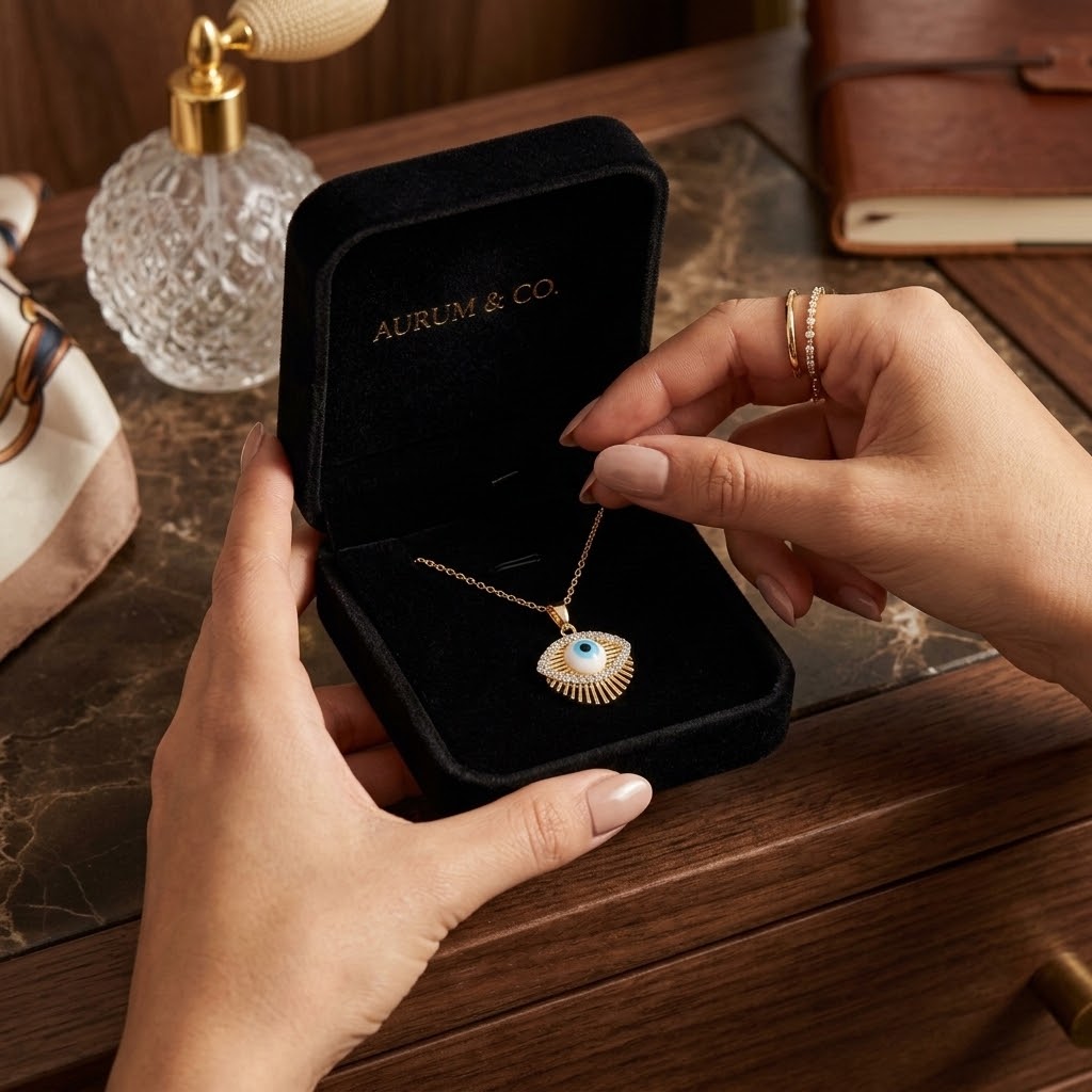 Gold eye charm necklace with blue round eye pendant on chain inside black box