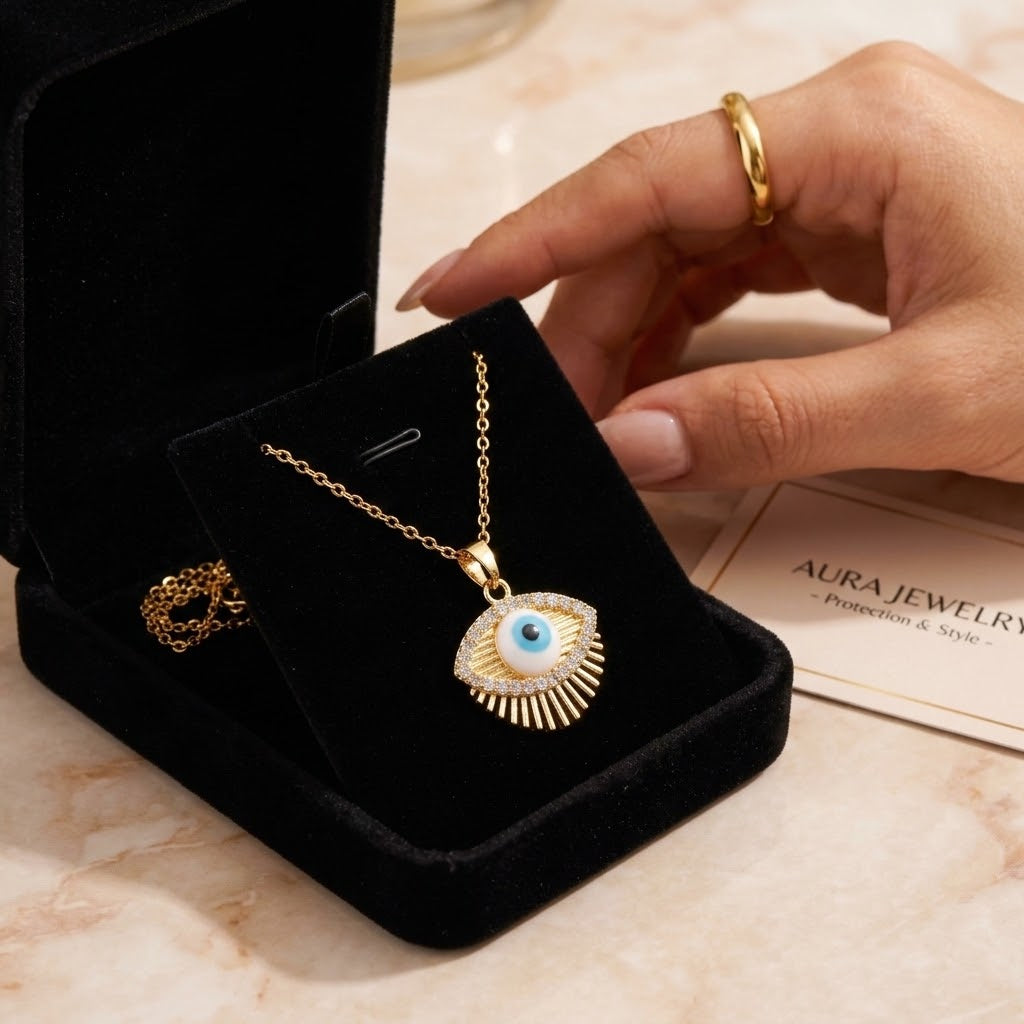 Gold eye charm necklace with oval blue eye pendant shown above black jewelry box