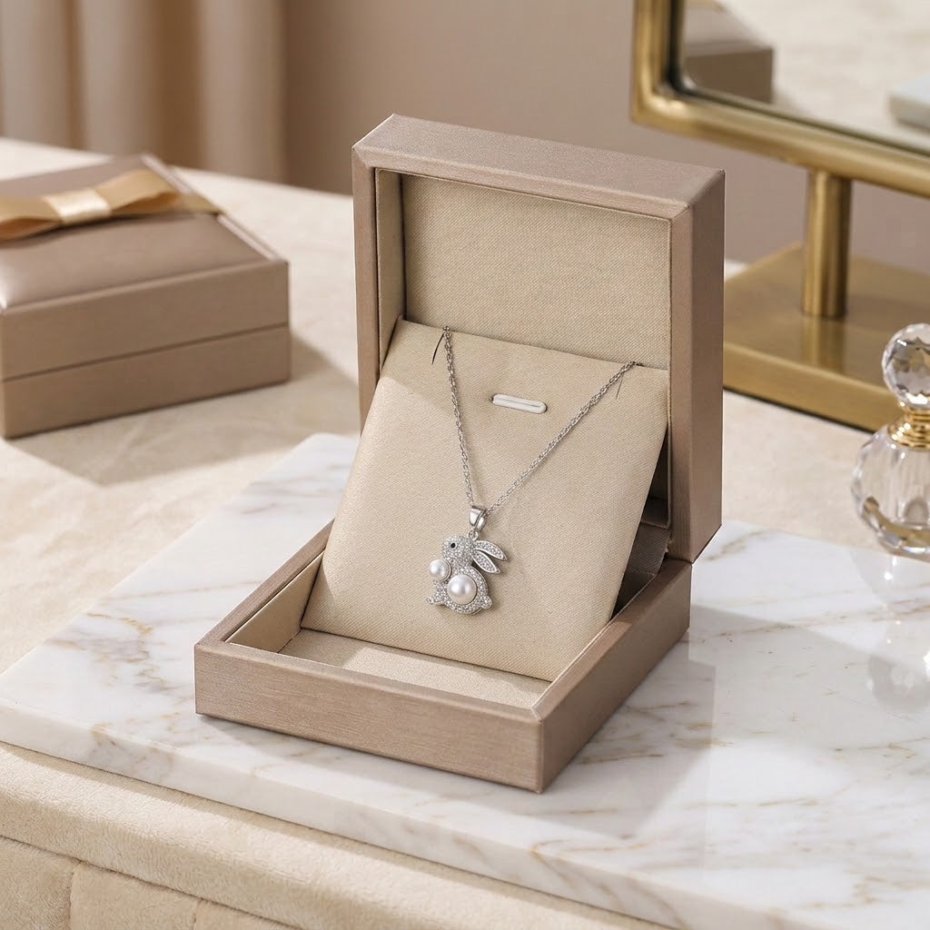 Silver-tone peanut-shaped charm necklace with large white pearl and crystal accents