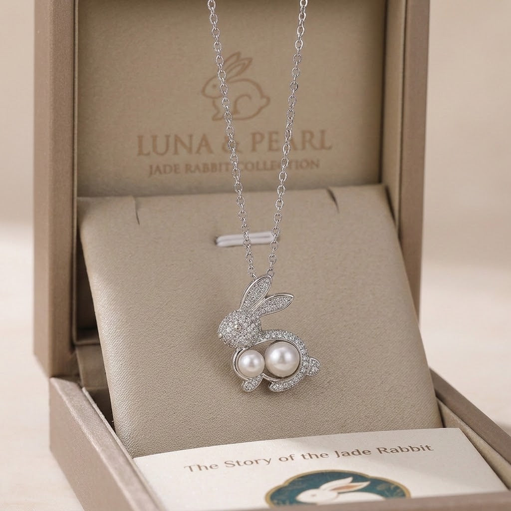 Silver-tone rabbit charm necklace with double pearl pendant and chain