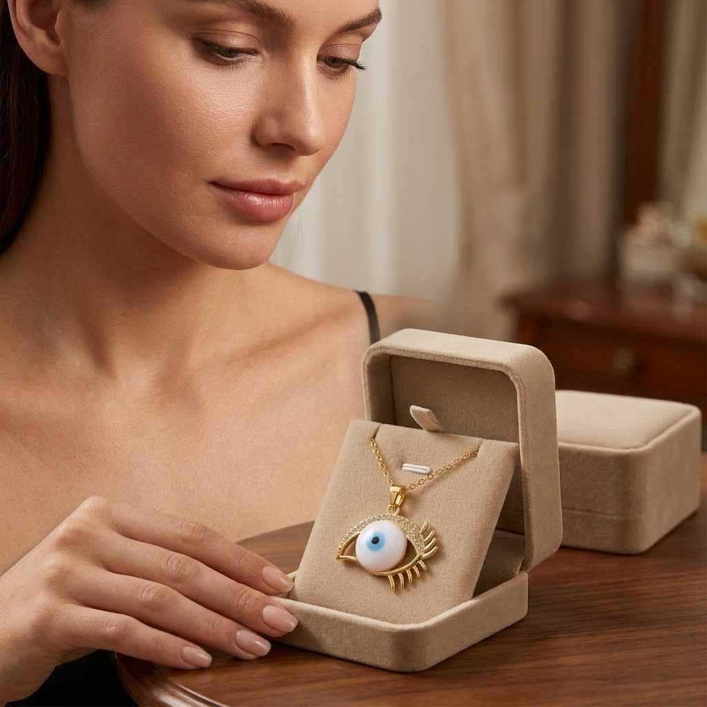 Gold-tone eye pendant necklace with blue enamel, displayed in an open jewelry box