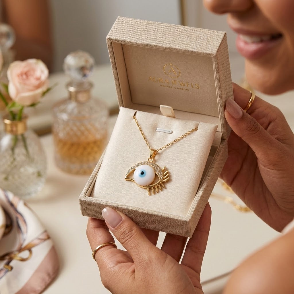 Gold-tone eye pendant necklace with blue enamel eye, held in a gift box