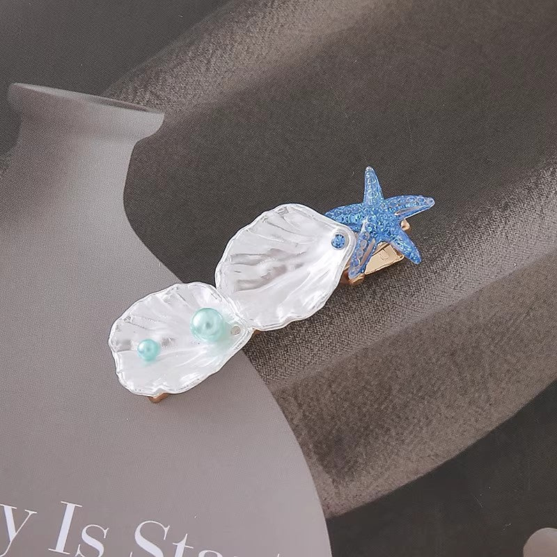 Seashell Starfish Hair Clip – Blue Ocean-Inspired Pearl Shell Hair Barrette for Women & Girls, Cute Beach & Mermaidcore Hair Accessory