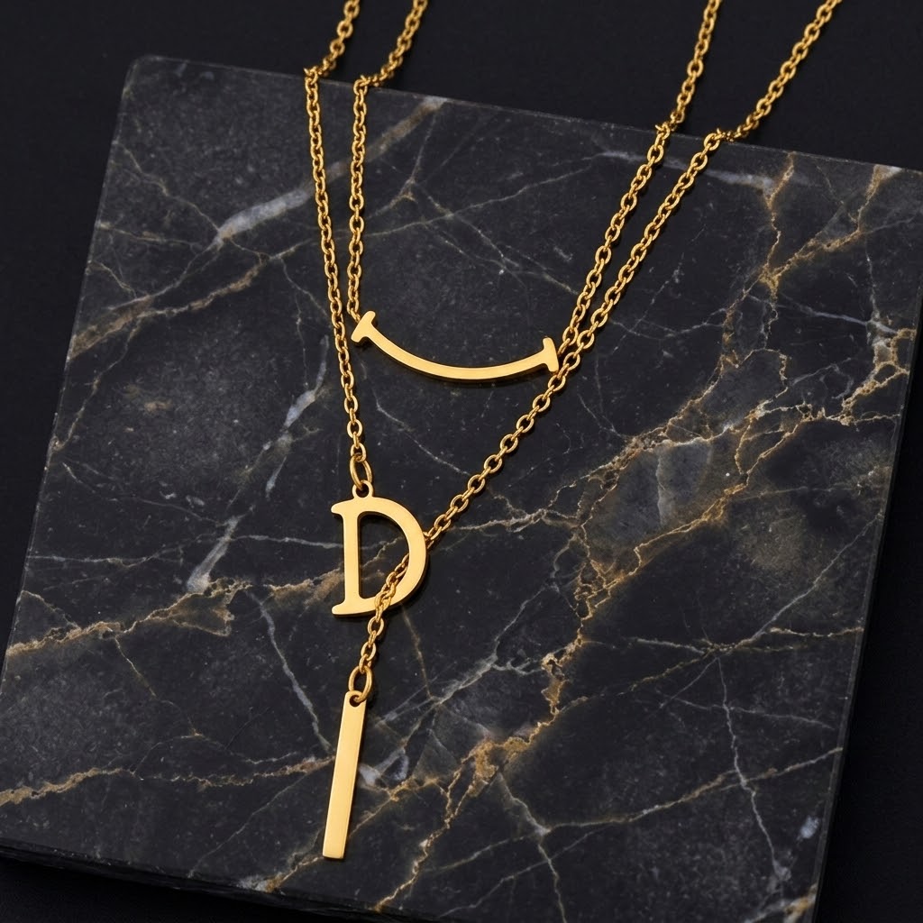 Gold letter D charm necklace with smile curve and drop bar pendant