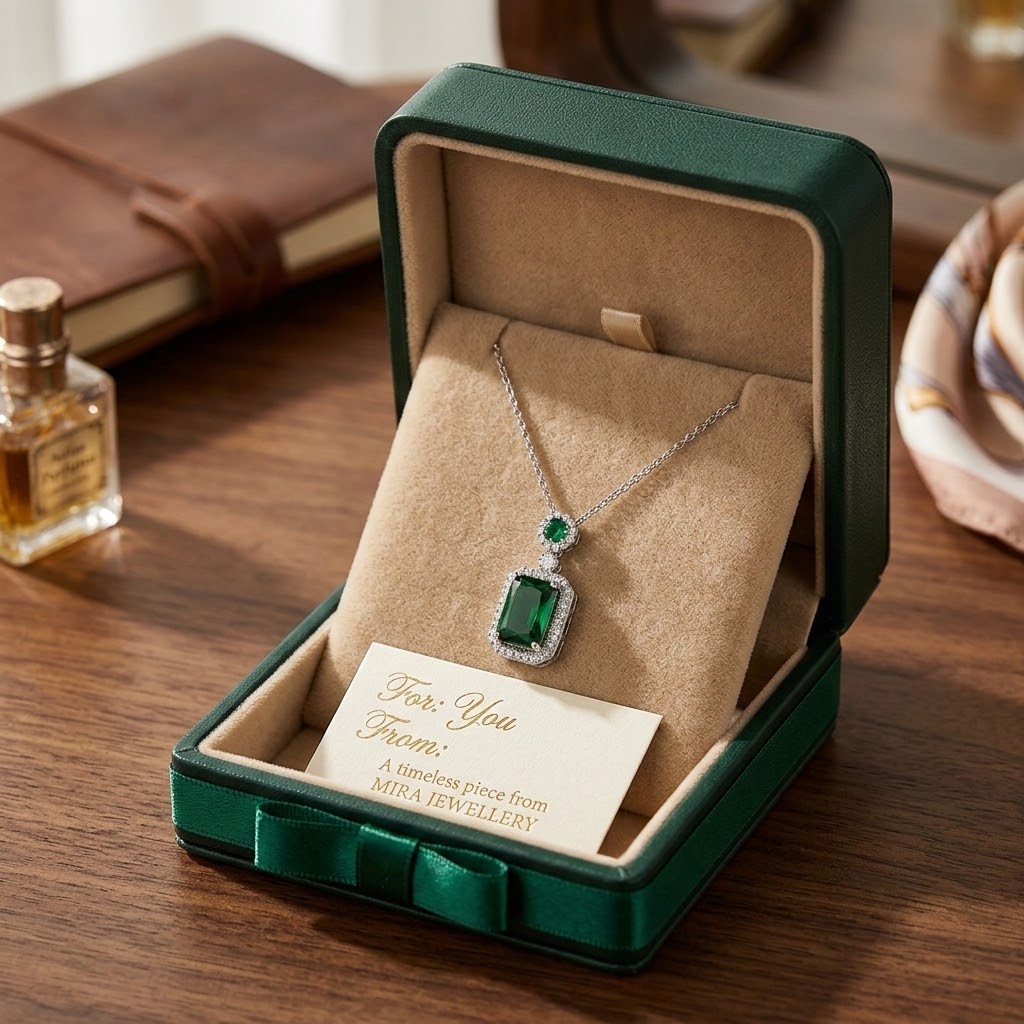 Silver-tone gemstone charm necklace with green square pendant, displayed in green box