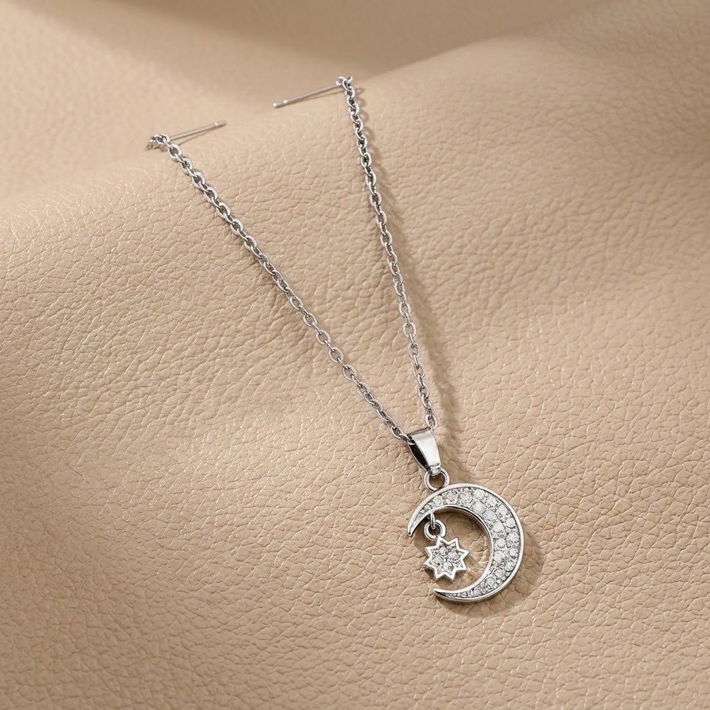 Silver crescent moon and star charm necklace with chain