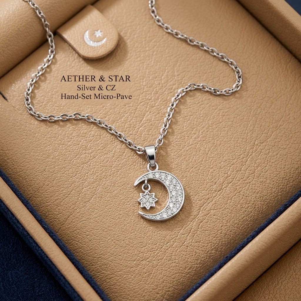 Silver crescent moon and star charm necklace