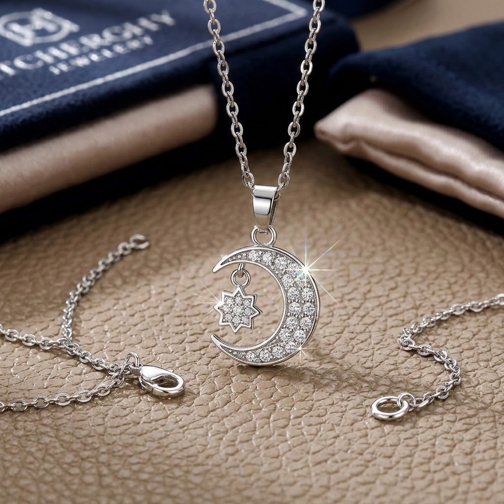 Crescent moon and star charm necklace with pavé crystal pendant