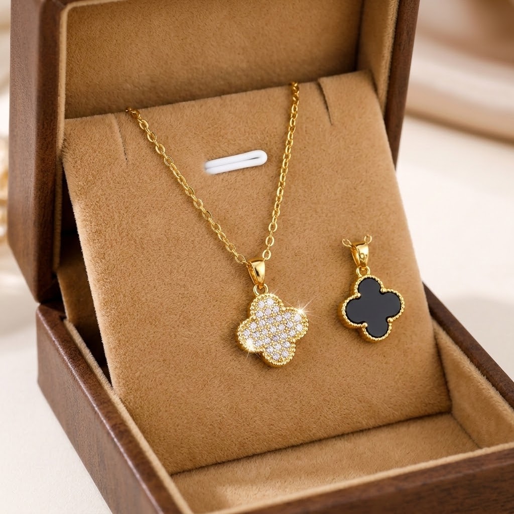 Gold floral pendant necklace with pavé charm in a gift box