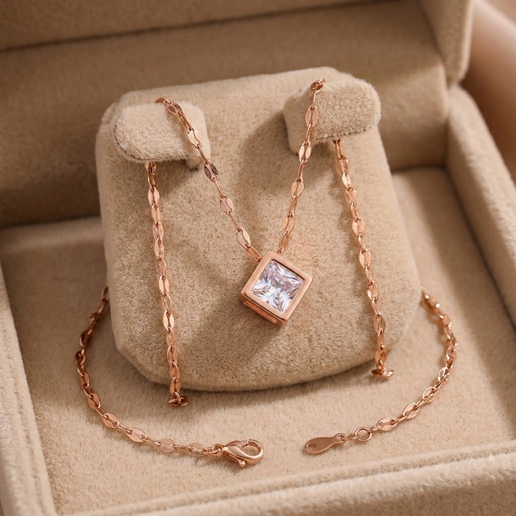 Rose gold charm necklace with square cubic pendant and fine link chain