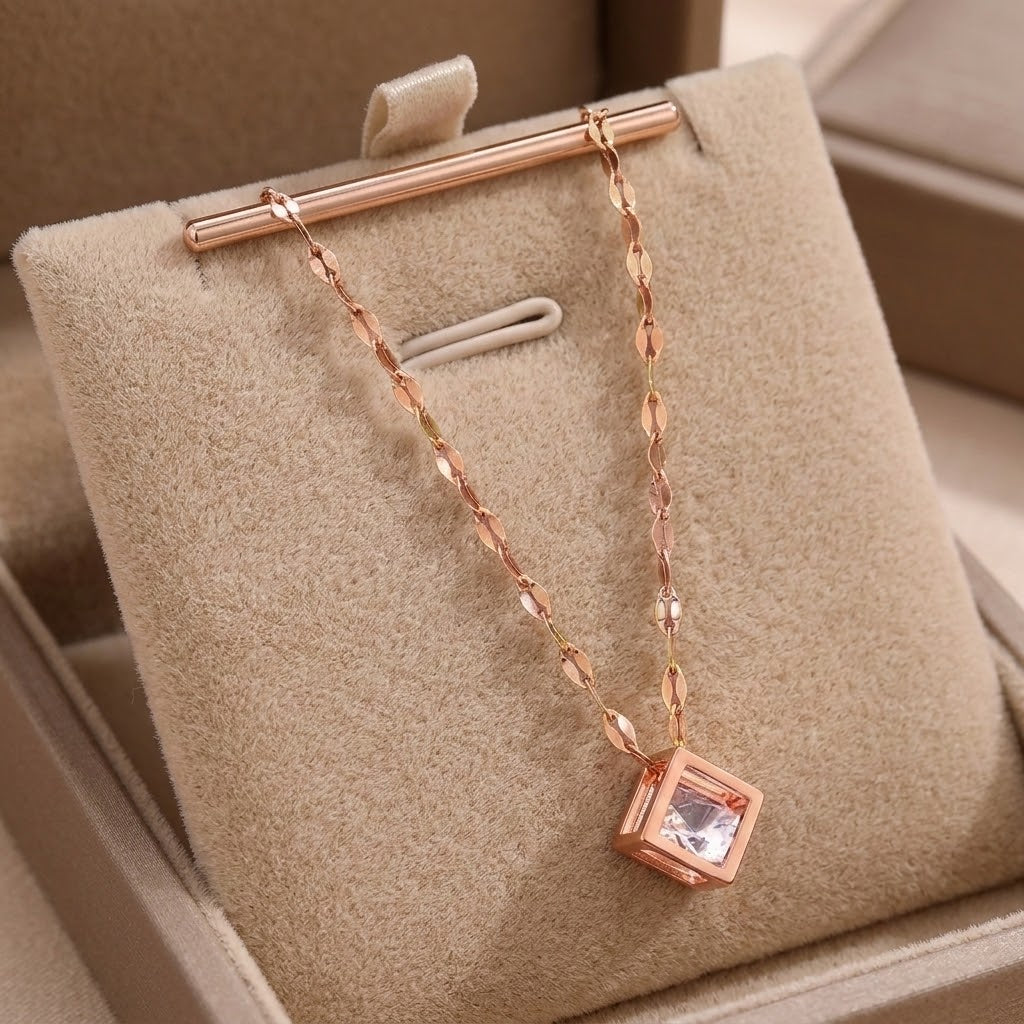 Rose gold square pendant drop necklace with crystal square charm on chain