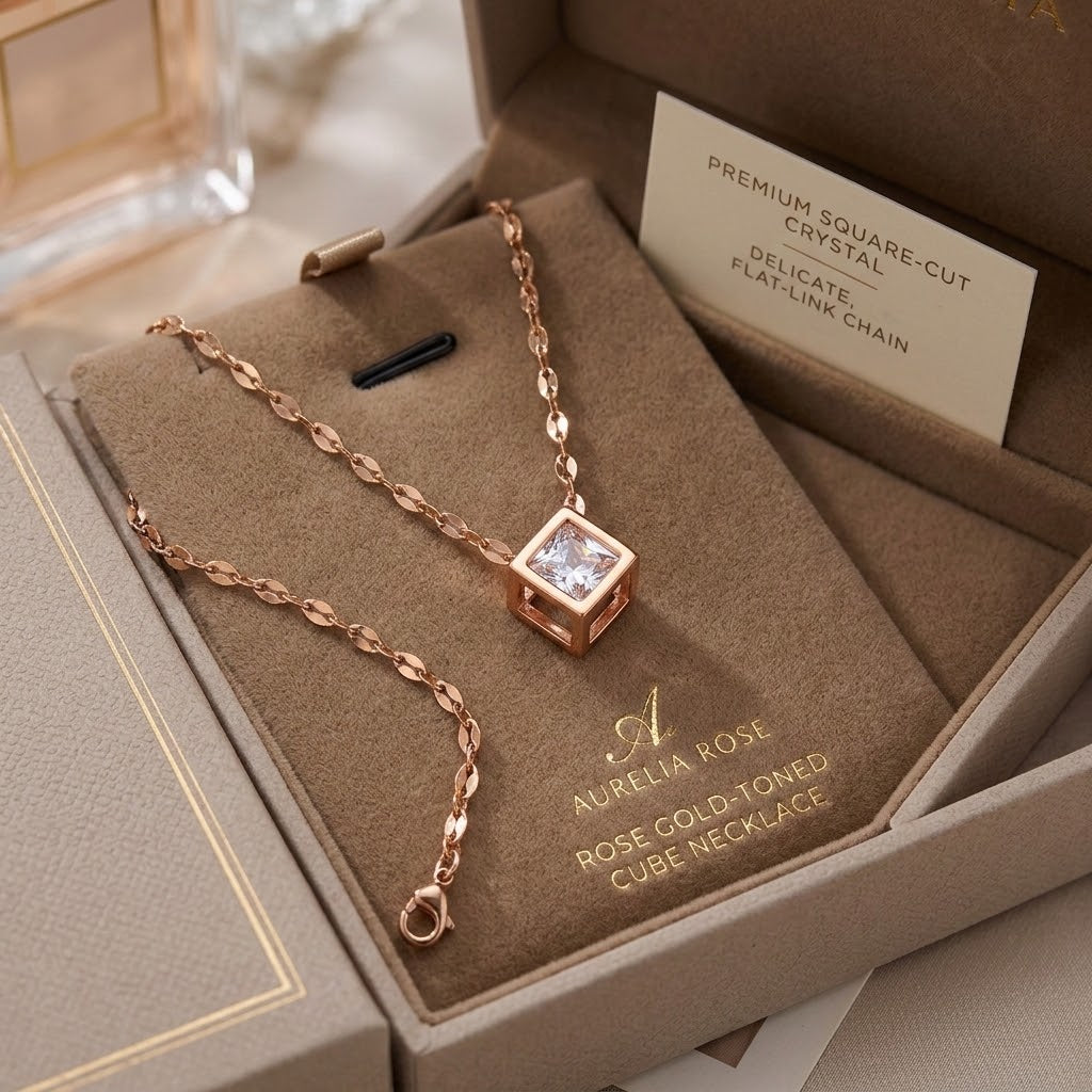Rose gold square charm necklace with crystal square pendant on link chain