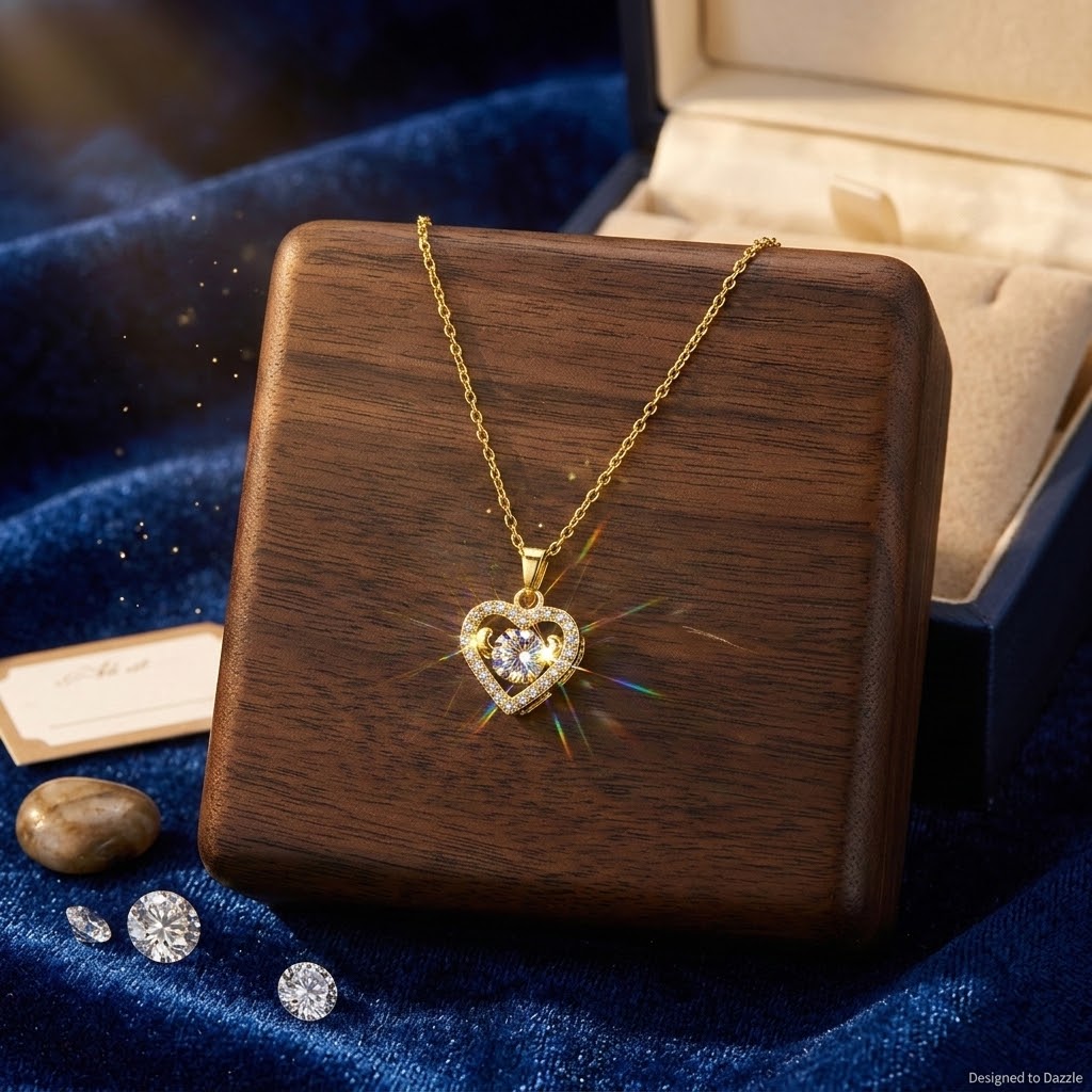 Gold heart pendant necklace with clear stones on a fine chain