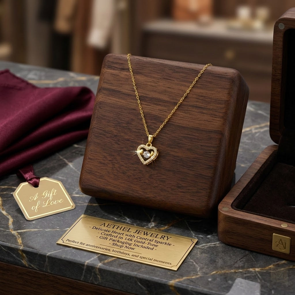 Gold mini heart pendant necklace with clear stones on a delicate chain